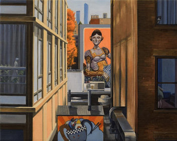 oil painting by Nick Savides titled High Line View with Robot Lady