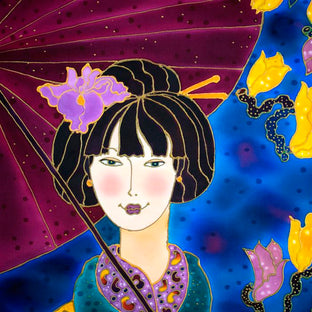 Japanese Girl in Iris Kimono by Yelena Sidorova |   Closeup View of Artwork 