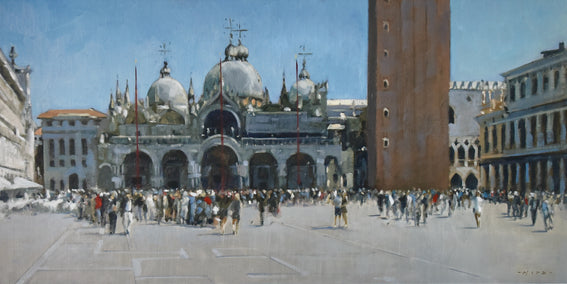 oil painting by Andrew Hird titled Piazza San Marco, Morning Light