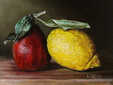 oil painting by Art Tatin titled Sweet and Sour (Pear and Lemon)