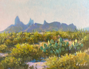 oil painting by David Forks titled Morning Light on the Mule Ears