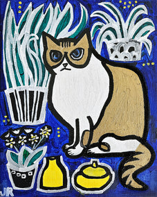 acrylic painting by Jessica JH Roller titled Cat with House Plants