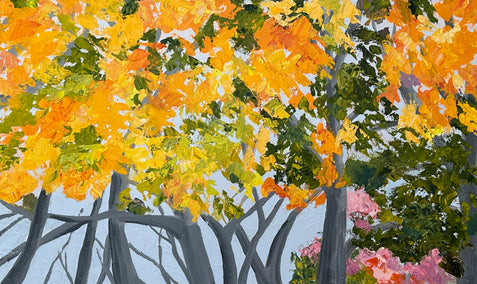 acrylic painting by JoAnn Golenia titled Beech Trees and Friend