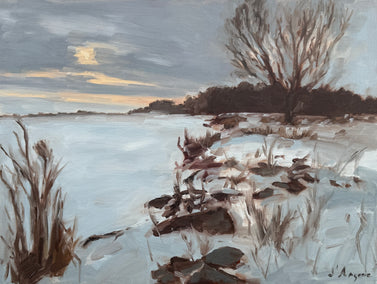 oil painting by Karen d’Angeac Mihm titled Winter at the Lake