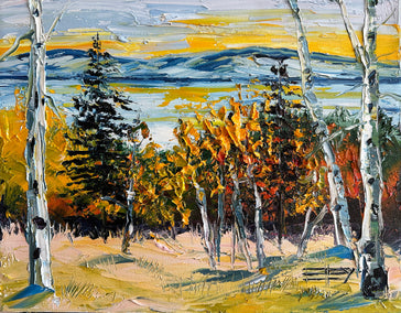 oil painting by Lisa Elley titled Lake Tahoe Fall's Last Embrace