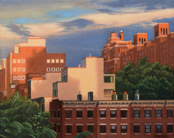 oil painting by Nick Savides titled Chelsea Rooftops at Sunset, from the Highline