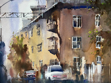 watercolor painting by Rashid Kulbatyrov titled Three-storey House