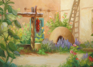 Kiva and Hollyhocks by Sherri Aldawood |   Closeup View of Artwork 