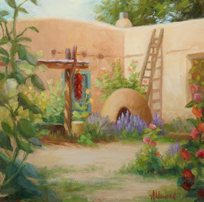 oil painting by Sherri Aldawood titled Kiva and Hollyhocks