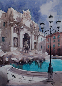 watercolor painting by Swarup Dandapat titled Trevi Fountain, Rome