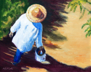 oil painting by Warren Keating titled Spring Shadows and Straw Hat