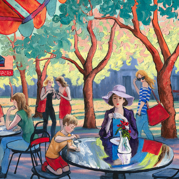  An impressionist painting of a mother and child enjoying a sunny day at an outdoor cafe 