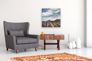 Rows of Lavender, Peach Light Above the Hills by Elizabeth Garat |  In Room View of Artwork 