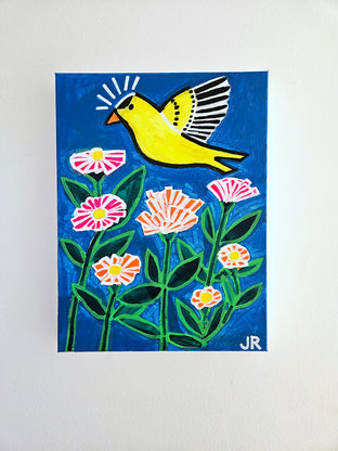 Goldfinch Zinnias by Jessica JH Roller |  Context View of Artwork 