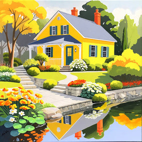 acrylic painting by John Jaster titled Cottage on the Pond