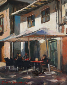 oil painting by Jonelle Summerfield titled Sidewalk Cafe in Spain