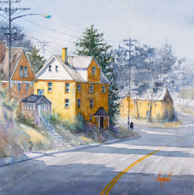 watercolor painting by Judy Mudd titled Yellow Houses