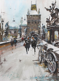 watercolor painting by Maximilian Damico titled Prague Romantic Snow