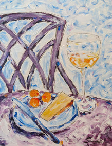 acrylic painting by Samuel Pretorius titled Cheese, Apricots and Wine