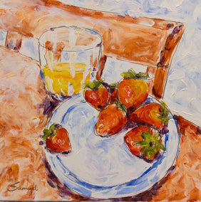 acrylic painting by Samuel Pretorius titled Fresh Morning with Strawberries