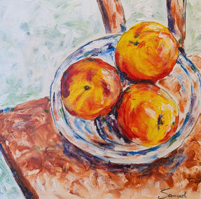 acrylic painting by Samuel Pretorius titled Three Nectarines Still Life