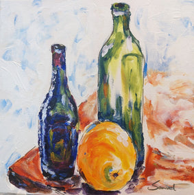 acrylic painting by Samuel Pretorius titled Two Bottles and an Orange