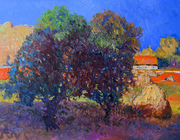 oil painting by Suren Nersisyan titled In the Farm. Haystack and Trees