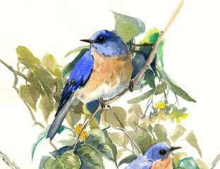 Bluebirds on Linden Tree by Suren Nersisyan |  Side View of Artwork 