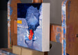 Original art for sale at UGallery.com | Woman in Jeans under Umbrella Running in Paris Rain by Warren Keating | $450 | oil painting | 8' h x 10' w | thumbnail 2
