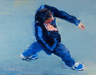 Man in Blue Jacket and Sneakers on iPhone at Fig at 7th in Los Angeles by Warren Keating |  Side View of Artwork 