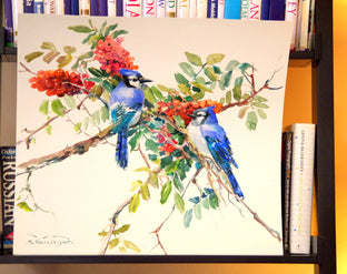 Blue Jays and Rowan Tree (Birds and Flowers) by Suren Nersisyan |   Closeup View of Artwork 