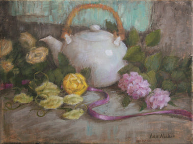 oil painting by Lisa Nielsen titled Tea and Posies