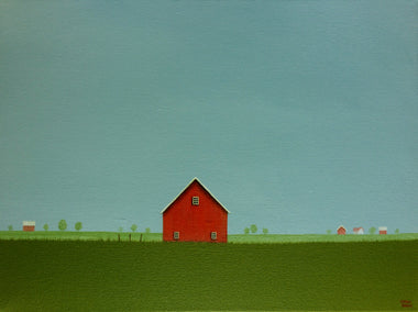 acrylic painting by Sharon France titled Red Barn on an Overcast Day