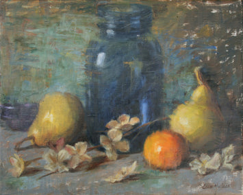 oil painting by Lisa Nielsen titled Blue Glass Jar