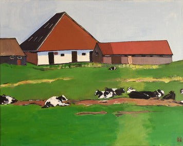 acrylic painting by Laura (Yi Zhen) Chen titled Farmhouse with Cows