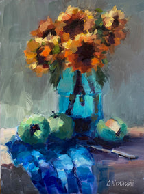 oil painting by Claudia Verciani titled Sunflowers and Green Apples