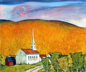 oil painting by Doug Cosbie titled Evening, Stowe Community Church, Vermont