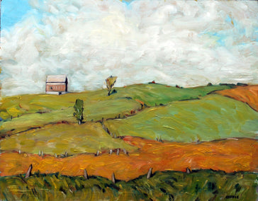 oil painting by Doug Cosbie titled Fields and Barn, Homer, NY