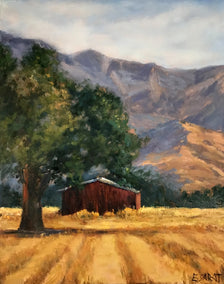 oil painting by Elizabeth Garat titled Red Barn Off Grand Avenue