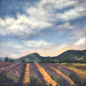 oil painting by Elizabeth Garat titled Rows of Lavender, Peach Light Above the Hills