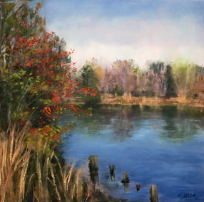 oil painting by Elizabeth Garat titled The Pond in November; Red Berries