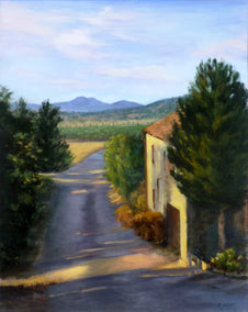 oil painting by Elizabeth Garat titled Tuscan Morning, Light on the Road