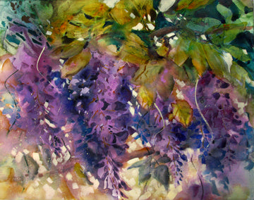 watercolor painting by Melissa Gannon titled Mysteries of Purple & Green