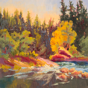 oil painting by Karen E Lewis titled Golden Trees Downstream