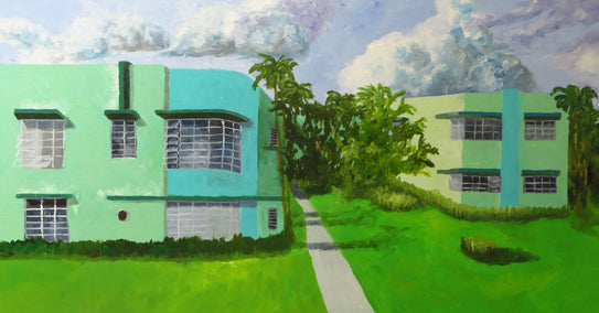 oil painting by Mitchell Freifeld titled Green Apartments