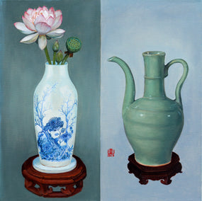 oil painting by Guigen Zha titled Vase & Spouted Ewer with Handle