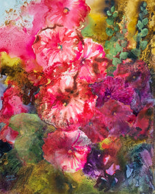 mixed media artwork by Melissa Gannon titled Hollyhock Magic