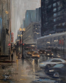 oil painting by Yangzi Xu titled State Street at Dusk