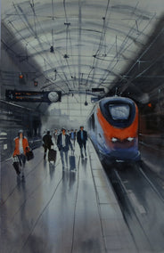 watercolor painting by Swarup Dandapat titled Train Arriving at Busy Platform