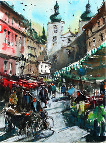 watercolor painting by Maximilian Damico titled Prague Daily Market